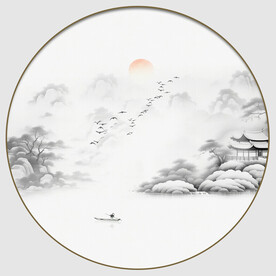圆形山水小品水墨画
