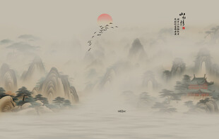 新中式山水情水墨国画背景墙画