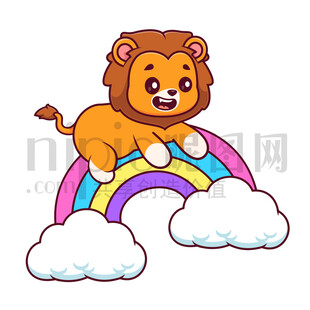 可爱卡通趴在彩虹上的狮子