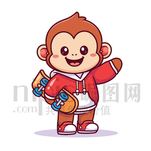 可爱卡通玩滑板的猴子