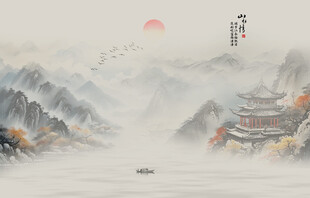 新中式禅意水墨山水画背景墙壁纸