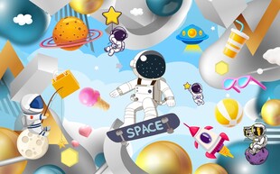 卡通宇航员太空人儿童房背景墙图