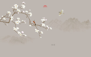 新中式工笔兰花花鸟画背景墙