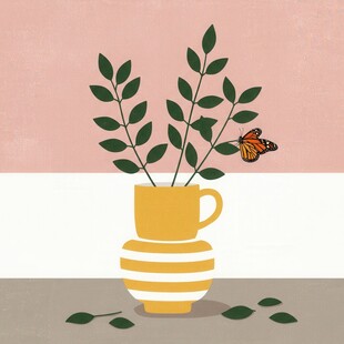 花瓶中绿植与蝴蝶插画
