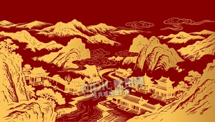 金色古风祥云山水画背景