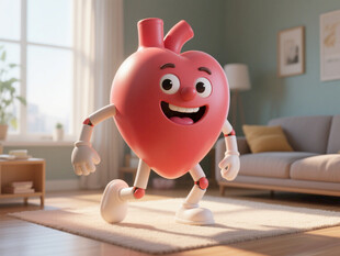 可爱红心角色室内欢快行走