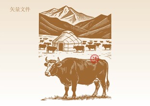 草原牛素描插画版画