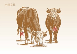 手绘牛插画版画