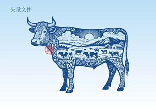 手绘牛插画版画