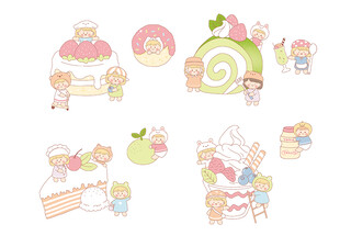 可爱卡通甜点与人物插画