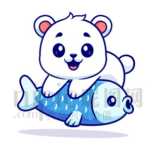 可爱卡通趴在鱼上的狗熊