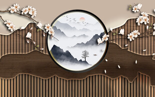 中式格栅山水背景墙