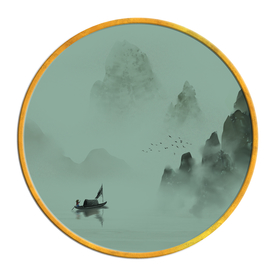 中国风   圆形山水画 大厅装