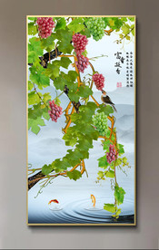原创玄关葡萄花鸟富贵疑香壁画