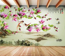 原创玉兰喜鹊雅啥兰香背景墙壁画