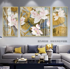 新中式奢华花鸟荷花3联装饰画