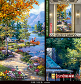 唯美田园水景风景油画