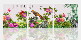原创牡丹竹子金鸡鸟三连画