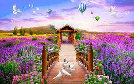 薰衣草小桥现简约时尚浪漫背景墙