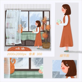 冬天女人与猫在房间看雪