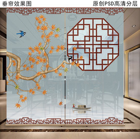 新中式花鸟画垂帘隔断卷帘