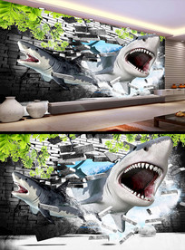 鲨鱼破墙画中画3D电视背景墙