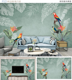清新热带雨林鹦鹉背景墙