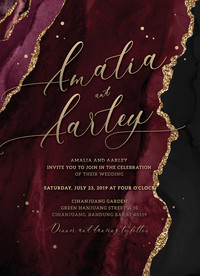 酒红色流沙金婚礼迎宾海报