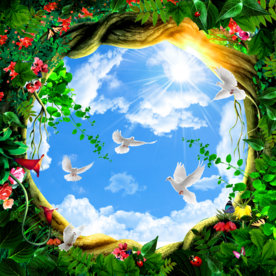 蓝天白云绿叶白鸽吊顶天顶壁画