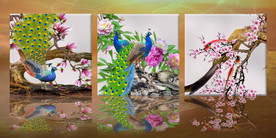 原创孔雀牡丹玉兰梅花三连画