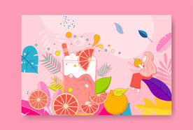 卡通清新插画水果茶饮料海报