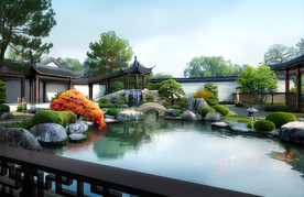 中式庭院 枯山水景观效果图