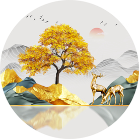 圆形金色山水麋鹿装饰画