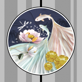 玉雕荷花金鱼圆形装饰画