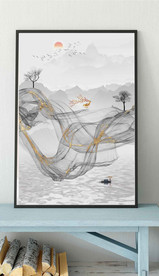 新中式抽象麋鹿山水玄关装饰画