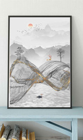 新中式抽象麋鹿山水玄关装饰画