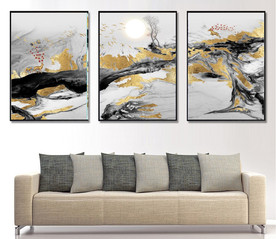 新中式烁金抽象麋鹿山水装饰画