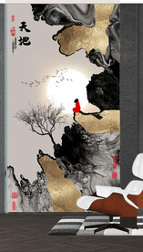 新中式抽象水墨山水风景玄关装饰