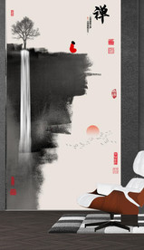 新中式抽象水墨山水风景玄关装饰