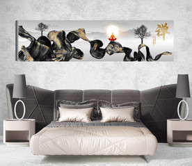 新中式金色水墨山水风景床头画