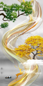 山水线条发财树玄关晶瓷画