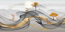 新中式抽象飘带山水麋鹿装饰画