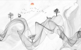 新中式抽象水墨麋鹿山水背景墙