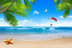 蓝天白云沙滩椰子树