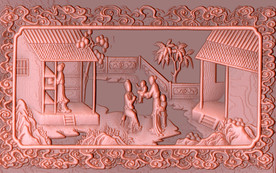 立体铜雕古代山水楼阁风景背景墙