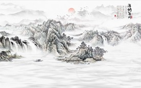 新中式水墨古代山水国画背景墙