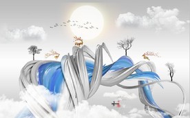 新中式抽象飘带山水风景背景墙