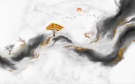 新中式抽象金色麋鹿山水背景墙