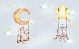 水彩卡通小熊兔子儿童房背景墙