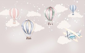 水彩卡通热气球飞机儿童房背景墙